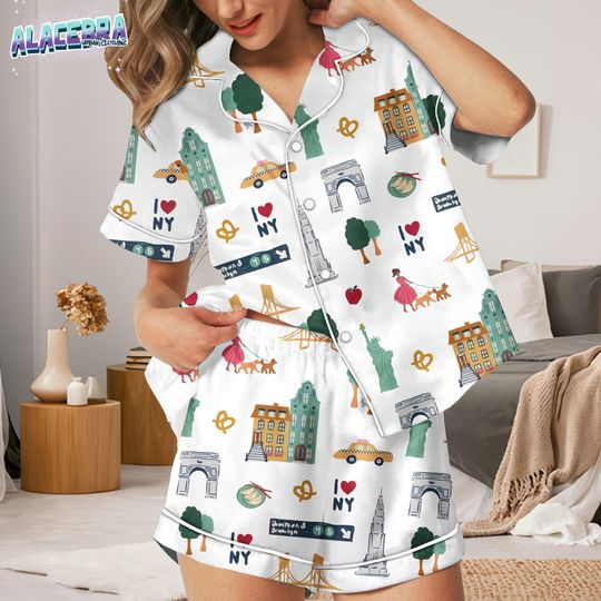 New York Pajamas Set, I Luv NY Pajamas, NYC Skyline Pajamas, Cute City Travel Sleepwear, Womens Button Up Lounge Set