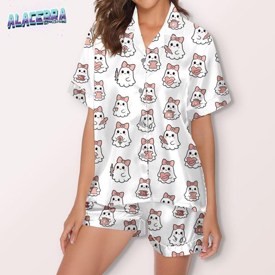 Cute Kawaii Ghost Pajamas Set for Women  Adorable Hello Kitty Style Ghost Print Sleepwear