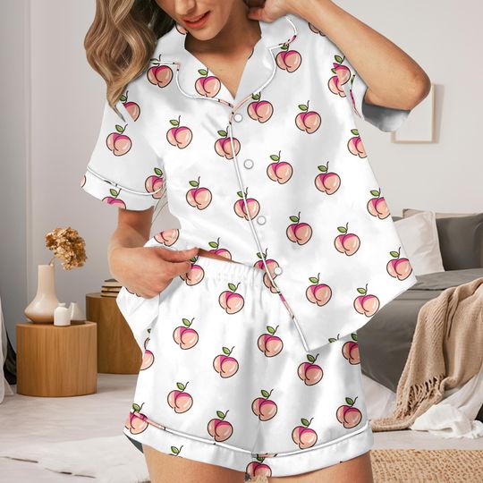 Peach Pajamas Set, Cute Fruit Sleepwear, Pink Peach Polka Dot Sleepwear
