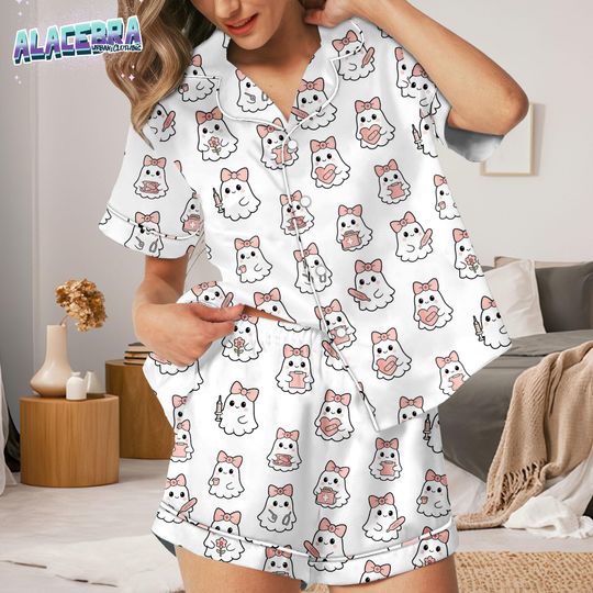 Cute Kawaii Ghost Pajamas Set for Women  Adorable Hello Kitty Style Ghost Print Sleepwear