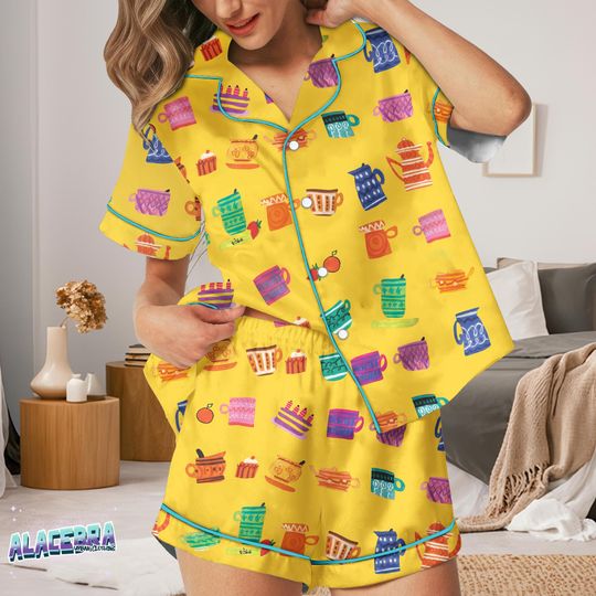 Cute Tea and Cake Pajamas Set, Kawaii Yellow Short and Long Sleeve Button Up Sleepwear