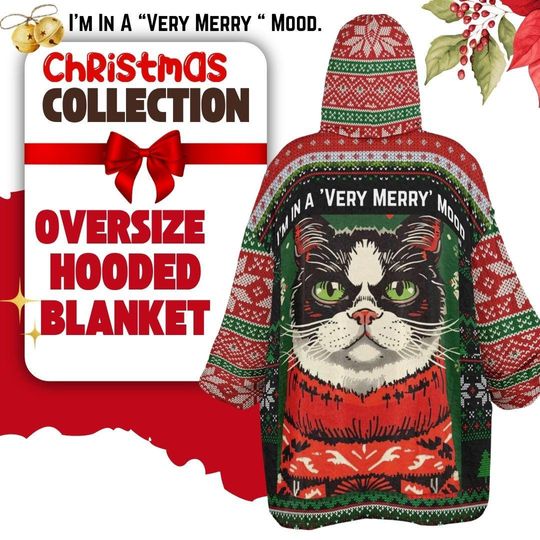 Funny Cat Christmas Oversized Hooded Blanket: Plush Flannel, Cozy Gift