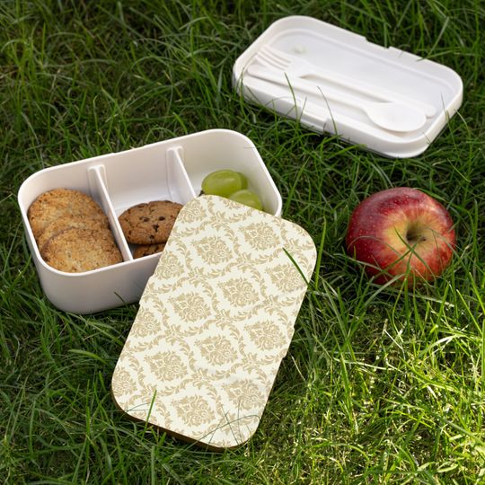 Beige Damask Bento Lunch Box, Student Lunch Box, Back To School Gift