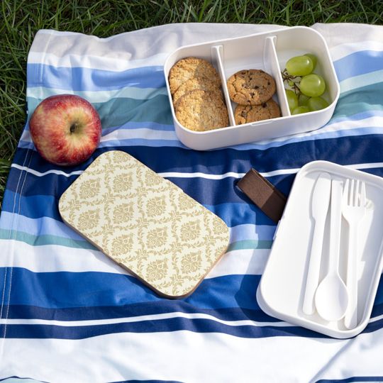 Beige Damask Bento Lunch Box, Student Lunch Box, Back To School Gift