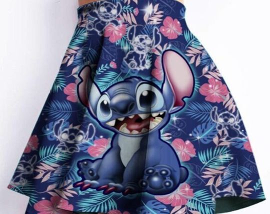 Hawaiian Stitch Navy Blue Cute Disney Cartoon Summer Vacation Outfits High Waisted Skater Circle Flowy Skirt Dress Clothes Women Girls