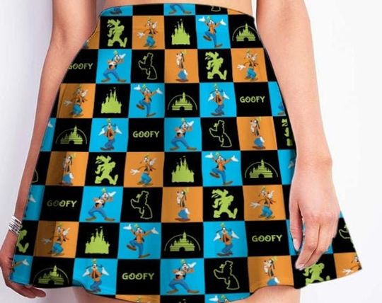 Goofy Dog Castle Plaid Cute Disney Cartoon Summer Vacation Outfits High Waisted Skater Circle Flowy Skirt Dress Clothes Women Girls