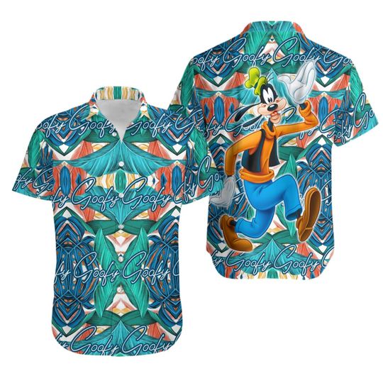 Goofy Dog Green Blue Pattern Disney Hawaiian Button Down Shirt