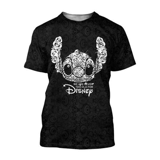Stitch Head Black Silver Glitter Bling Patterns Disney 3D T-shirts