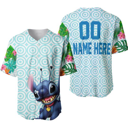 Hawaiian Stitch Flowery Pattern Blue Disney Unisex Cartoon Graphic Casual Outfits Baseball Jersey