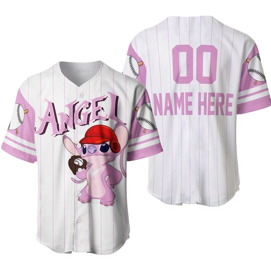 Angel Stitch Girlfriend White Pink Disney Unisex Cartoon Graphic Casual Outfits Custom Baseball Jersey