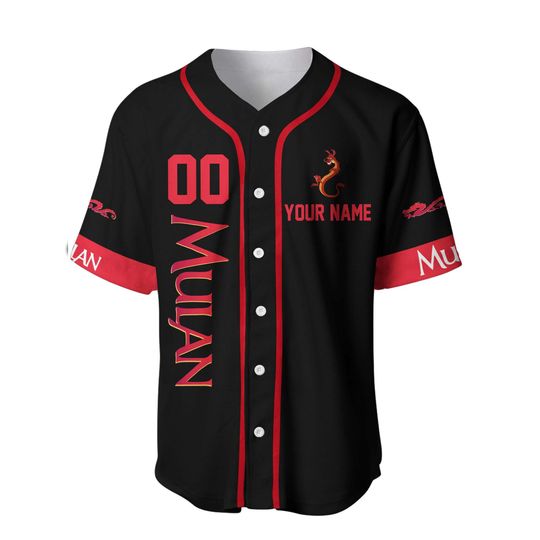 Mulan & Mushu Dragon Black Red Disney Baseball Jersey