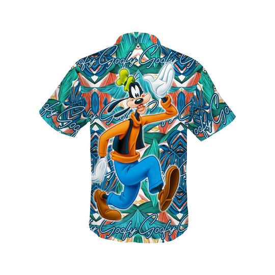 Goofy Dog Green Blue Pattern Disney Hawaiian Button Down Shirt