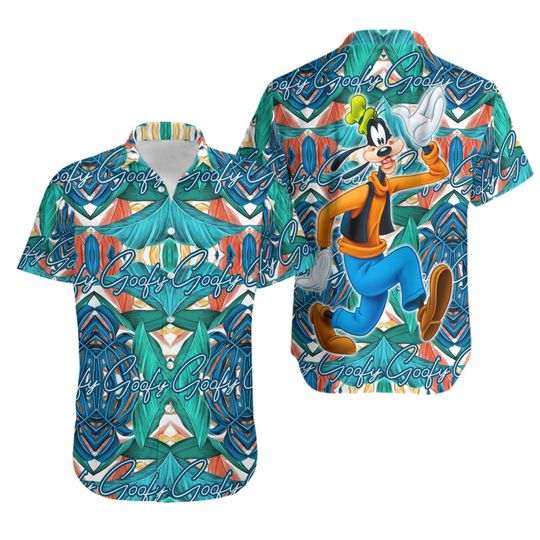 Goofy Dog Green Blue Pattern Disney Hawaiian Button Down Shirt