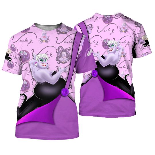 Villian Ursula Purple Button Overalls Patterns Disney Outfits Unisex Casual T-shirts 3D