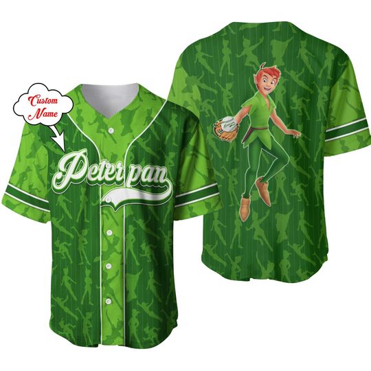 Peter Pan Green White Patterns Jersey, Disney Custom Baseball Jersey