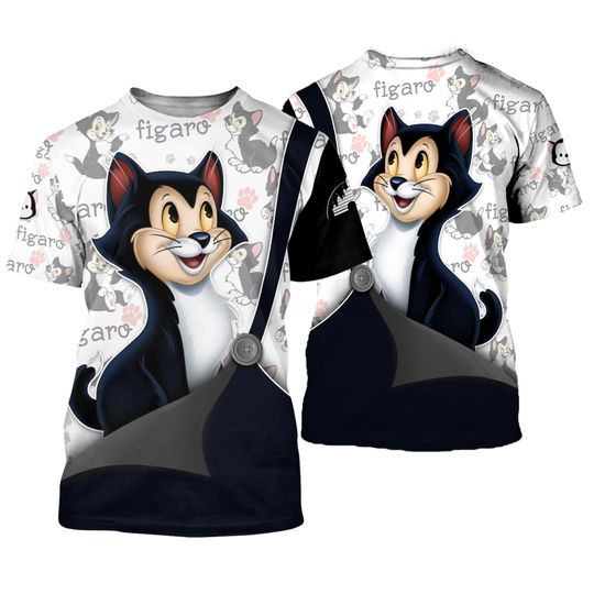 Figaro Cat Pinocchio Black Button Overalls Patterns Disney Outfits Unisex Casual T-shirts 3D
