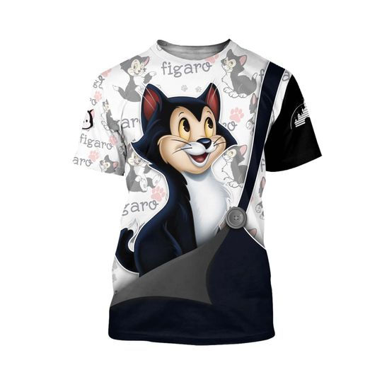 Figaro Cat Pinocchio Black Button Overalls Patterns Disney Outfits Unisex Casual T-shirts 3D