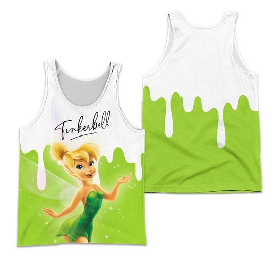 Tinker Bell Dripping Paint Green White Disney Cartoon Graphic Summer Vacation 3D Tank Top