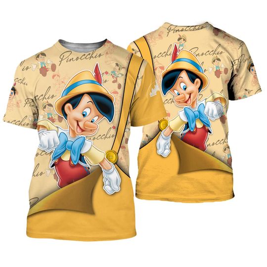 Pinocchio Yellow Golden Button Overalls Patterns Disney Outfits Unisex Casual T-shirts 3D