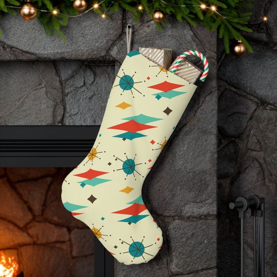 Franciscan Diamond Starburst Christmas Stocking, Mid Century Modern Retro Mantle Decor