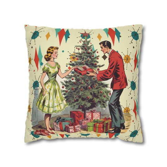 Retro Vintage 50s Franciscan Diamond Starburst Holiday Pillow Cover, Kitsch Christmas Scene Decor