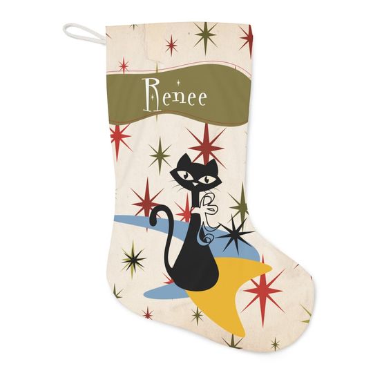 Personalized Atomic Cat Santa Stocking, Custom Mid Century Modern Starburst Christmas Stocking