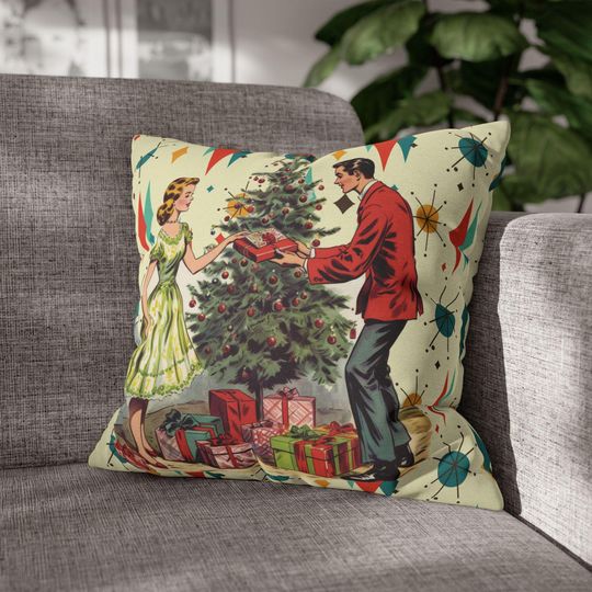 Retro Vintage 50s Franciscan Diamond Starburst Holiday Pillow Cover, Kitsch Christmas Scene Decor