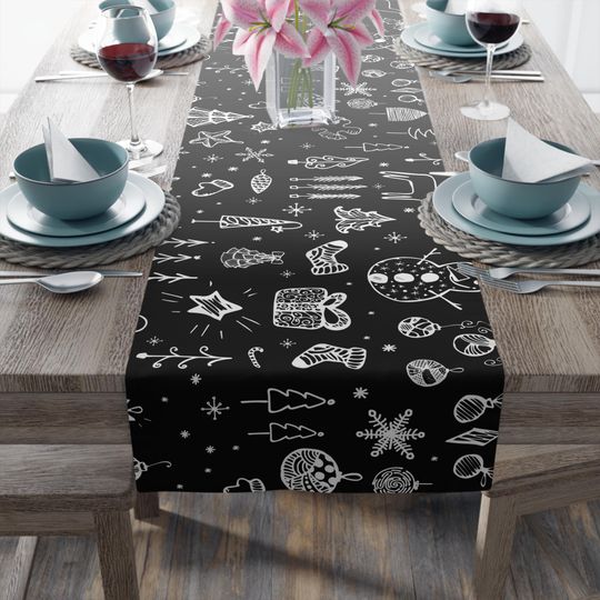 Black and White Christmas Table Runner with Snowman Tree Pattern for Winter Dining and Festive Decor