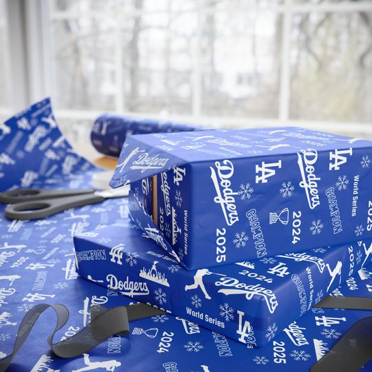 Holiday LA Dodgers Pattern Wrapping Paper | Blue Baseball Christmas 2024