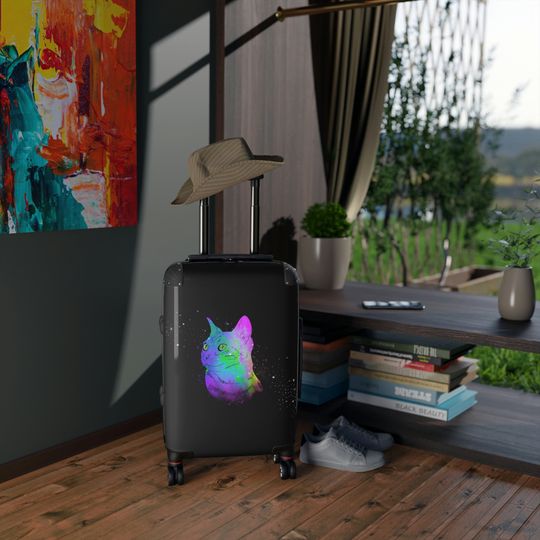 Rainbow Space Cat Black Suitcases