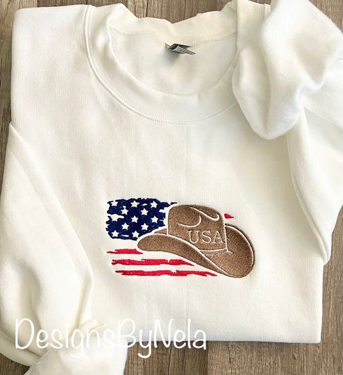 USA Flag Embroidered Sweatshirt - Patriotic Gift for Her