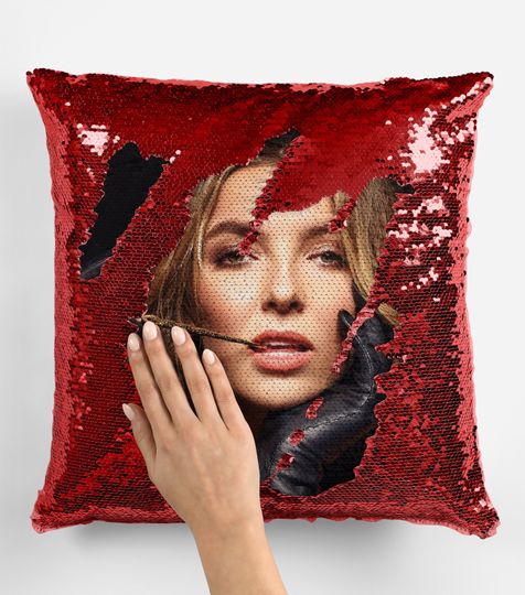 Jodie comer sequin pillow, celebrity sequin pillow, jodie comer flip sequin pillow