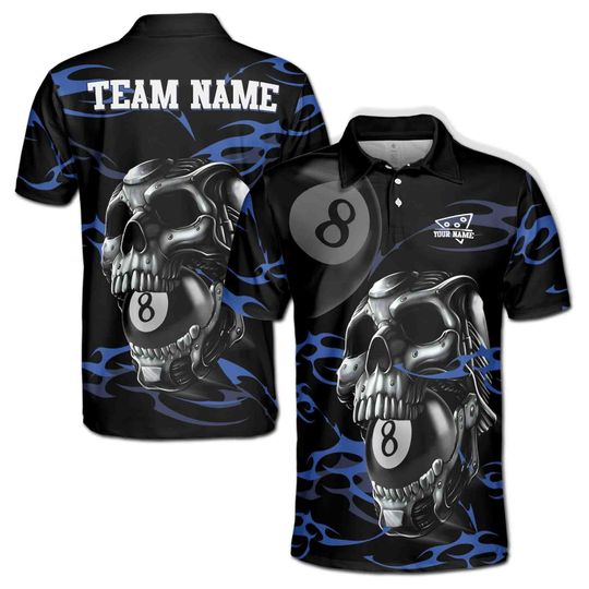Customized 8-Balls Billiard Player Grunge Skull Polo Shirt