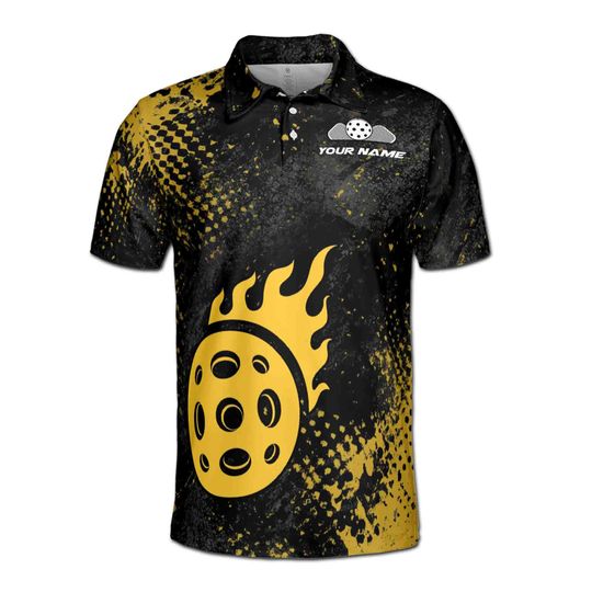 Custom Name Team Pickleball on Fire Yellow Polo Shirt