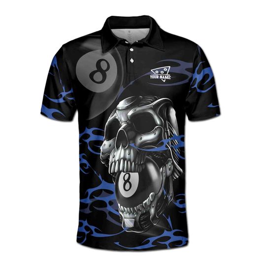 Customized 8-Balls Billiard Player Grunge Skull Polo Shirt