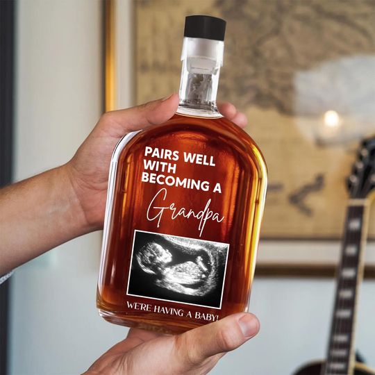 Personalized Grandpa Whiskey Bottle - Baby Announcement Gift for Dad and Him