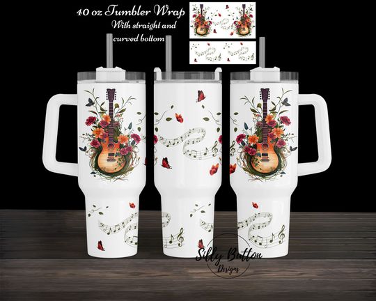 Guitars music nout Butterflies and Flowers 40 oz. Tumbler Wrap Sublimation Design Curved & Straight Bottom
