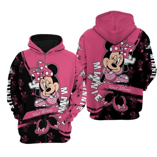 Minnie Mouse Black Pink Pattern Stripes Disney 3D Zip Hoodie