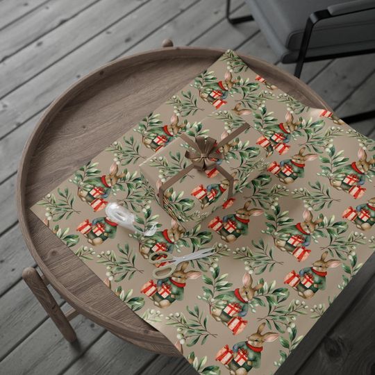 Vintage Winter Rabbit Gift Wrap Roll, Holiday Wrapping Paper for Christmas & Festive Present Packaging