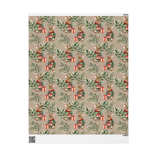 Vintage Winter Rabbit Gift Wrap Roll, Holiday Wrapping Paper for Christmas & Festive Present Packaging