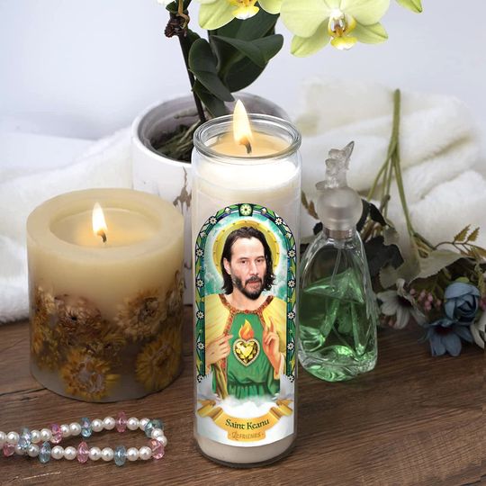 Saint Keanu Prayer Candle: Glass Votive - Funny Gift