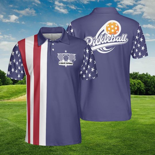 Pickleball Polo Shirt, Patriotic American Flag Print, Custom Name, Navy Blue Player Apparel