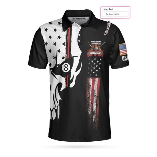 Skull Billiards Pool Polo Shirt, Patriotic Billiards Shirt