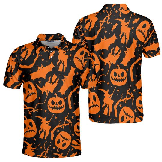 Black Orange Pumpkin Witch Bat Halloween Polo Shirt, Spooky All Over Pattern