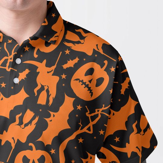 Black Orange Pumpkin Witch Bat Halloween Polo Shirt, Spooky All Over Pattern