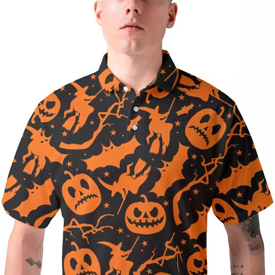 Black Orange Pumpkin Witch Bat Halloween Polo Shirt, Spooky All Over Pattern