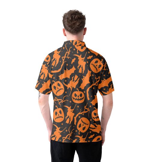 Black Orange Pumpkin Witch Bat Halloween Polo Shirt, Spooky All Over Pattern