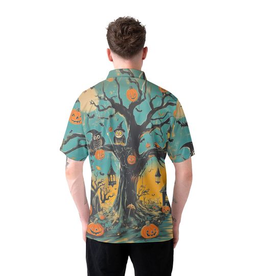 Halloween Polo Shirt, Haunted Tree Owl Pumpkin Print Polo, Spooky Bats Lanterns Design, Unisex Collared Top, Fall Party Costume Gift