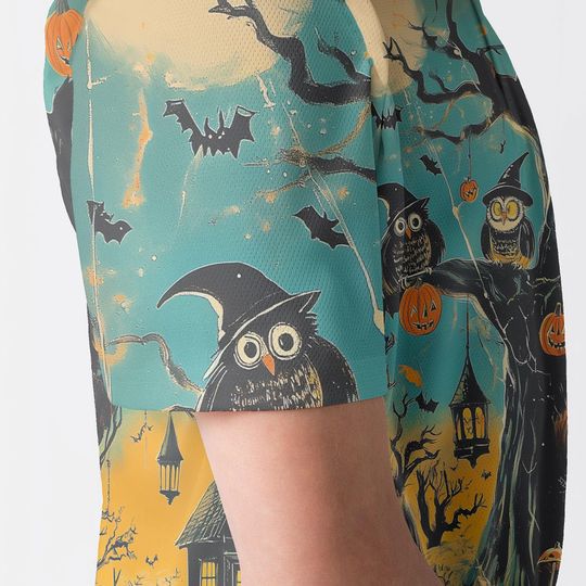 Halloween Polo Shirt, Haunted Tree Owl Pumpkin Print Polo, Spooky Bats Lanterns Design, Unisex Collared Top, Fall Party Costume Gift