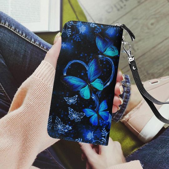 Blue Heart Twinkle Butterfly Leather Wallet